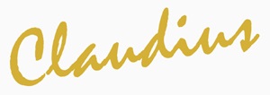 Goldener geschwungener Namenszug Claudius in kursiver Handschrift auf weißem Hintergrund