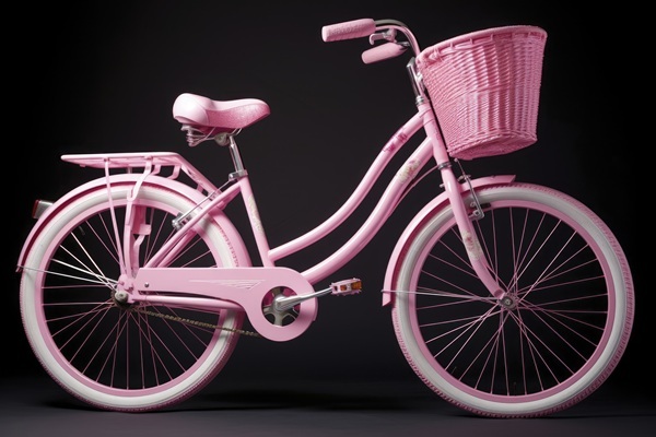 Rosafarbenes Kinder-Fahrrad mit weißen Reifen, Weidenkorb vorne und Gepaeckträger, vor dunklem Hintergrund, als Weihnachtsgeschenk