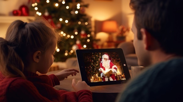 Vater und Tochter schauen auf dem Tablet eine Videobotschaft vom Weihnachtsmann Claudius, Tannenbaum dahinter