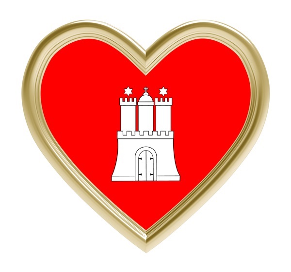 Hamburger Wappen mit weißer Burg auf Rot, eingebettet in goldgefaßtes Herz, weißer Hintergrund