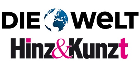 Logos DIE WELT mit Globus-Icon sowie Hinz & Kunzt mit pinkem & auf weißem Hintergrund