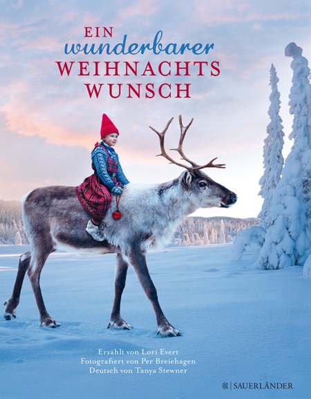 Buchcover – Ein wunderbarer Weihnachtswunsch. Mädchen Anja auf Rentier in verschneiter Winterlandschaft