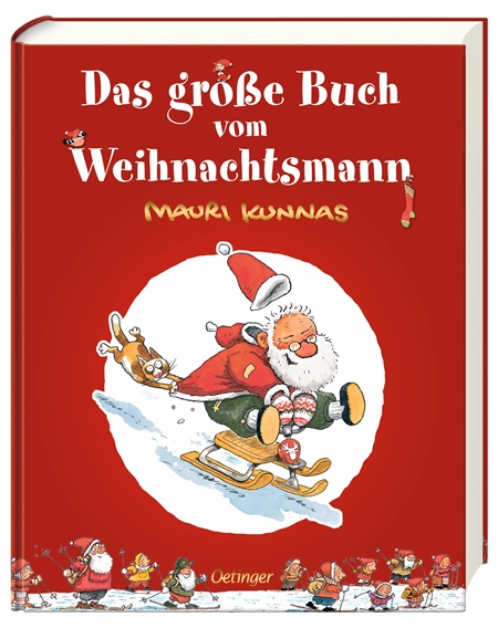 Rotes Hardcover Das große Buch vom Weihnachtsmann von Mauri Kunnas, Weihnachtsmann auf Schlitten, Wichtel-Reihe unten