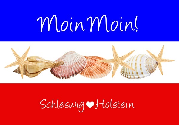 Schleswig-Holstein-Flagge mit Moin! auf Blau, Muscheln und Seesterne auf Weiß, Schleswig-Holstein auf Rot