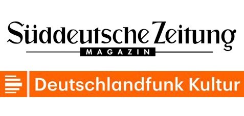 Logos Süddeutsche Zeitung Magazin und Deutschlandfunk Kultur auf weißem und orangefarbenem Hintergrund