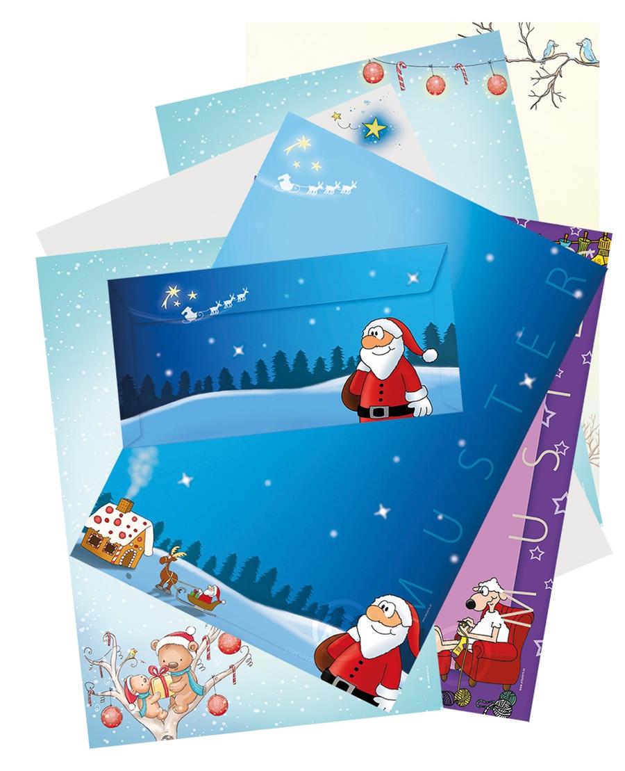 Muster-Weihnachtsbriefpapiere und Umschläge mit Weihnachtsmann- und Sternmotiven in Blau und Lila