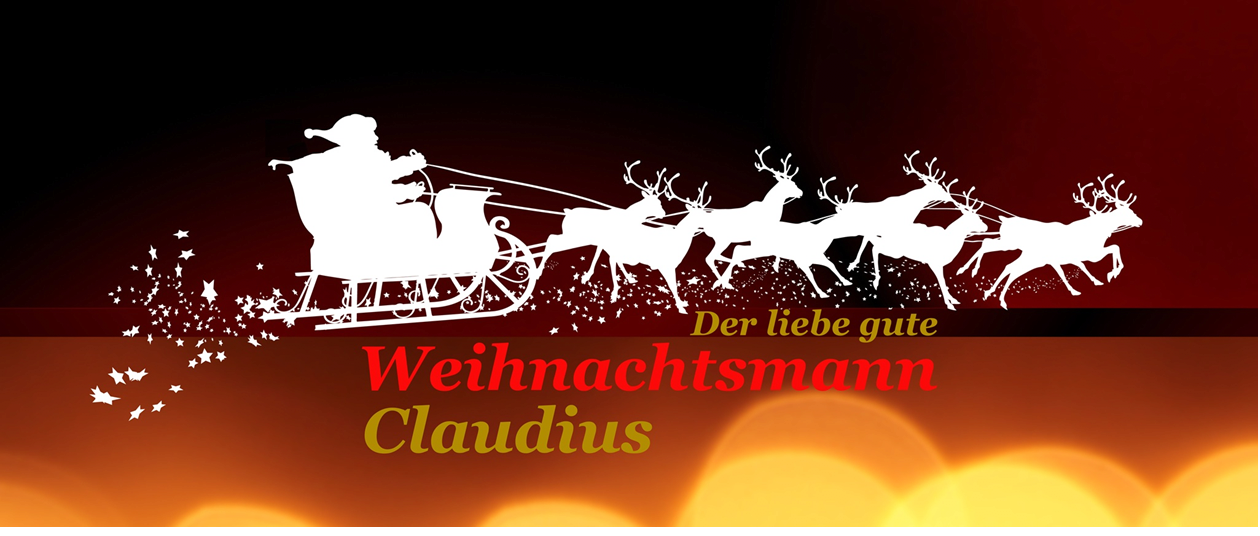 Banner mit Schlitten-Silhouette, vier Rentieren und Sternenschweif, Schriftzug Der liebe gute Weihnachtsmann Claudius