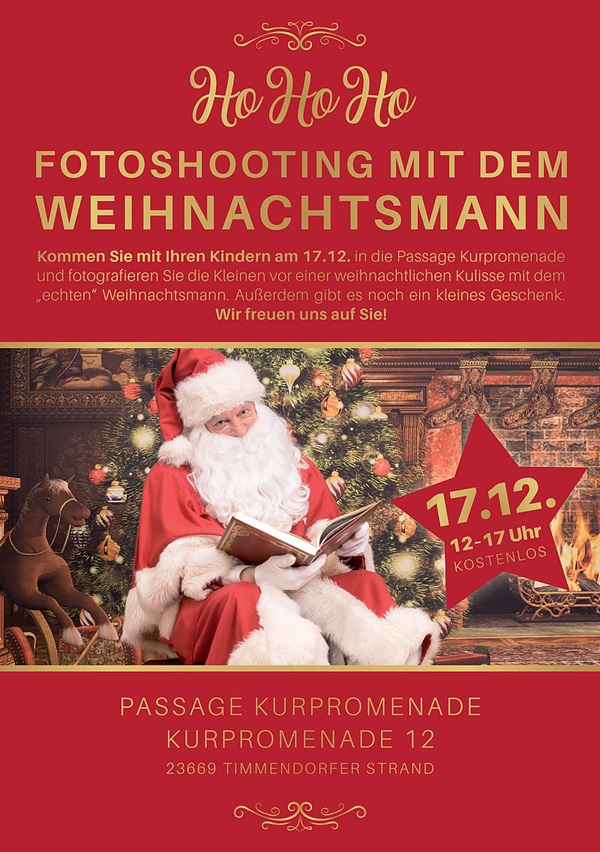 Plakat Fotoshooting mit Weihnachtsmann Claudius, 17.12., 12–17 Uhr, kostenlos, Passage Kurpromenade, Timmendorfer Strand